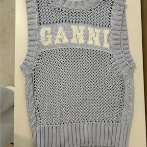 Ganni Blue Crew Neck Sweater with Textured Knit (XXS)